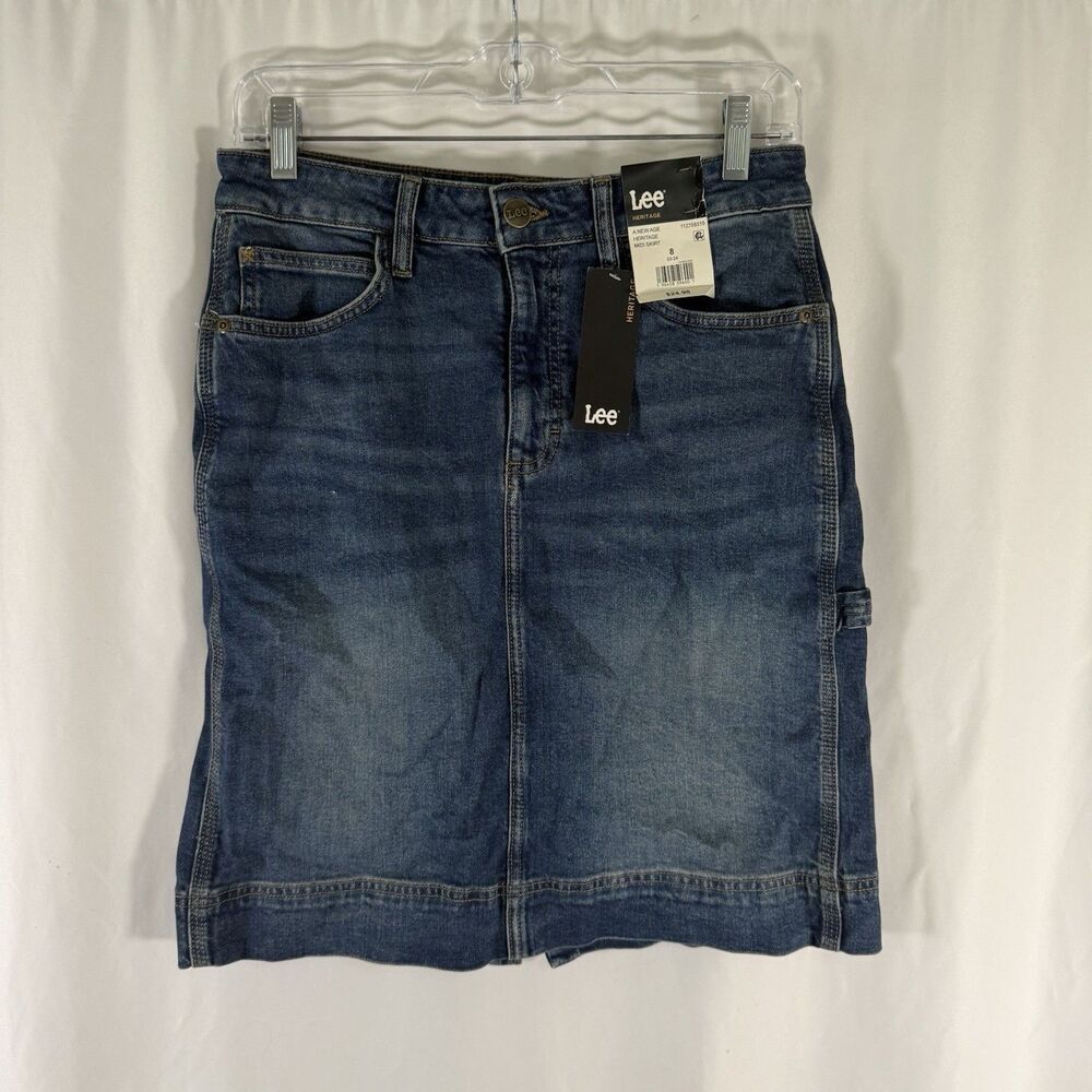 New Lee Heritage Denim Skirt Women's 8 Blue Carpenter Midi Cotton Blend